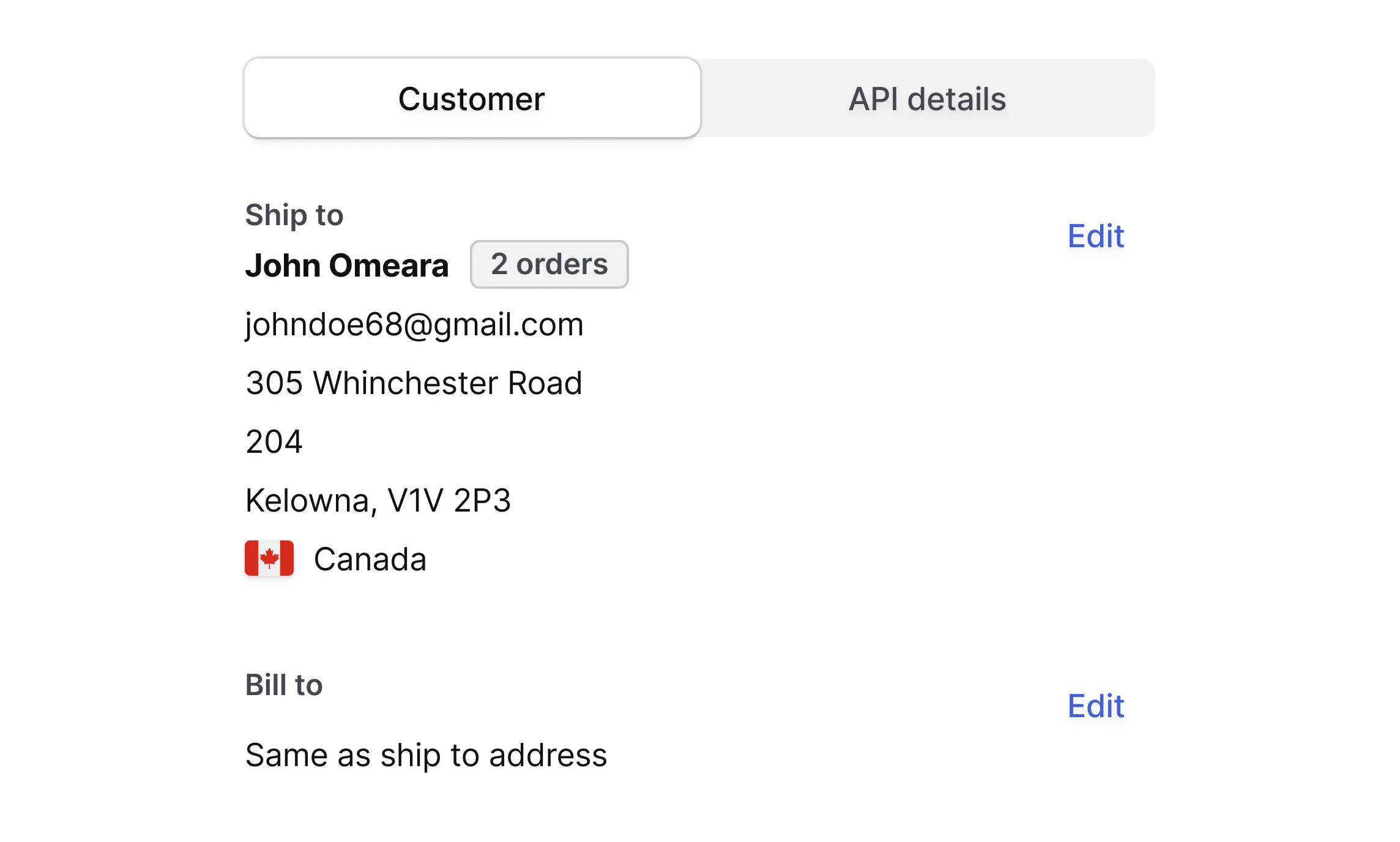 View the customer details and API response