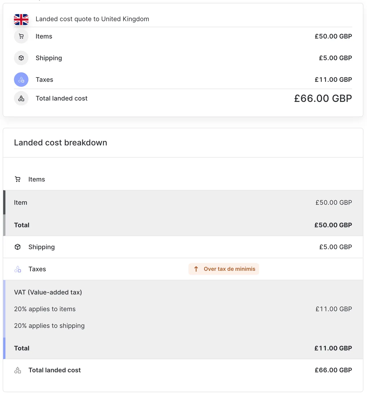 Landed cost quote for a shipment to the UK below the de
minimis